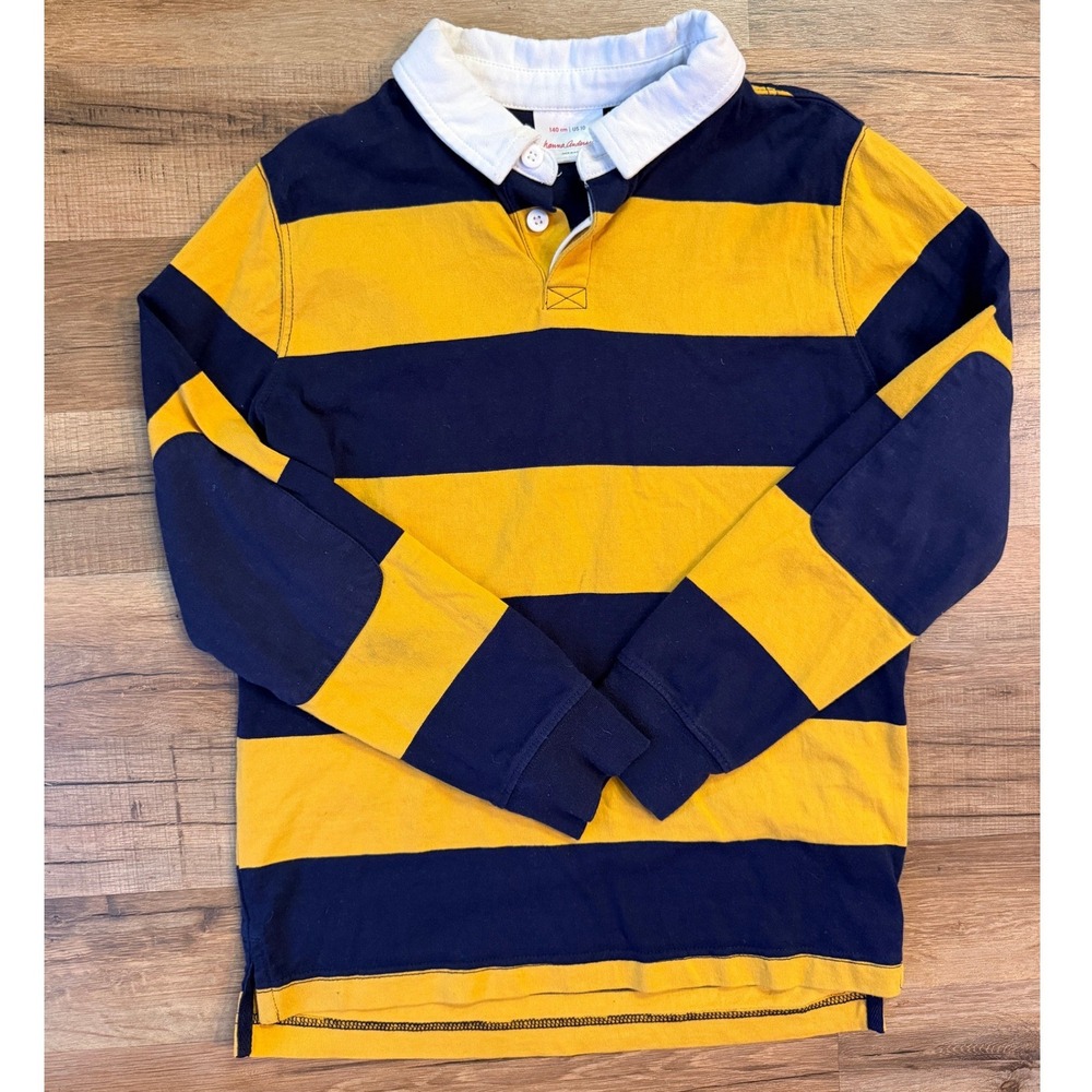 Hanna Andersson Rugby Shirt Navy Yellow Striped Cotton Size 10 Kids Long Sleeve